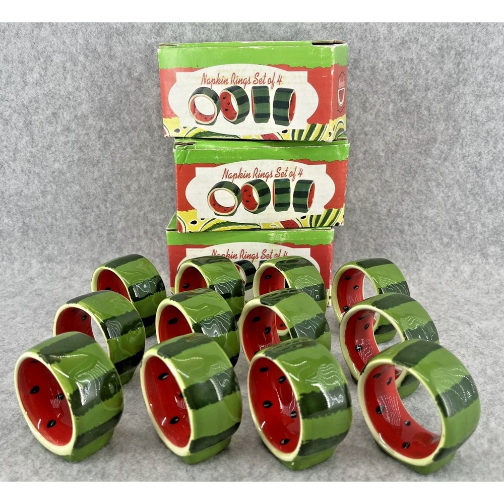 Watermelon Ceramic Napkin Rings Set Of 12 Green Red Fruit Summer Table Decor